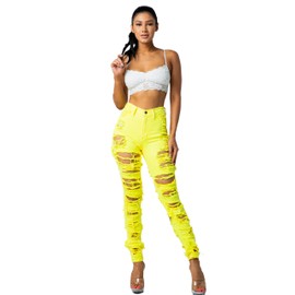 Aphrodite High Waisted Jeans for Women - Distressed Destroyed Ripped Cut Out Skinny High Waist Stretch Casual Denim Pants 4662 Neon Yellow 5