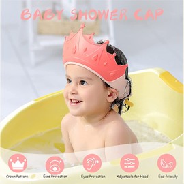Gorro de Ducha para Niños, Gorro de Lavado de Pelo para Niños, Gorro de Baño para Bebe, Gorro de Ducha de Silicona Suave con Protección para Los Oídos y Los Ojos, de Longitud Ajustable Gorro de champú en Forma de Corona (Rojo)