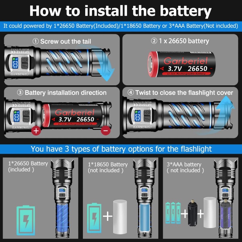 Garberiel Zoom Rechargeable LED Flashlight Tactical Super Bright 50W Torch