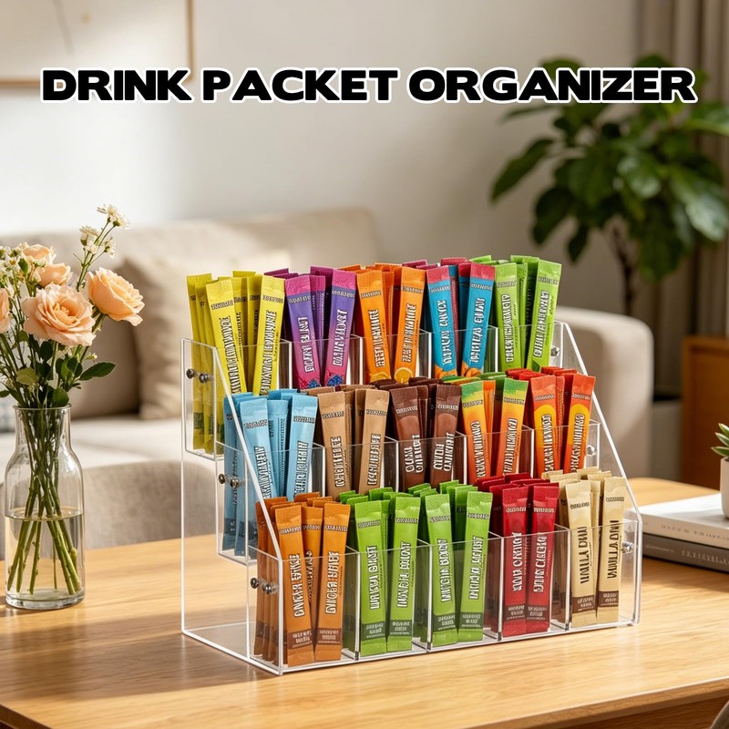 2 Pack Drink Packet Organizer with 30 Compartments, 3-Tier Water