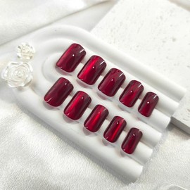 Burgundy Press on Nails Square Medium Fake Nails with Cat Eye Designs Red Nails Press ons Glossy Glue on Nails Full Cover Acrylic Nails Winter False Nails Autumn Stick on Nails for Women 24Pcs