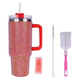 Toyfun Yif 40oz Bling Cup Rhinestones Tumbler - Diamond Design Double-Wall Insulated Stainless Steel Cup, Leakproof Large Glitter Tumbler with Handle, Straw & Lids, Car-Friendly Drinkware,Red