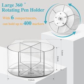 Hiborateed Large Acrylic Pen Holder for Desk, 6 Slots 360-Degree Rotating Pencil Holder Marker Organizer for Kids, Caddy Art Supply Organizer Crayon Organizers for Office School