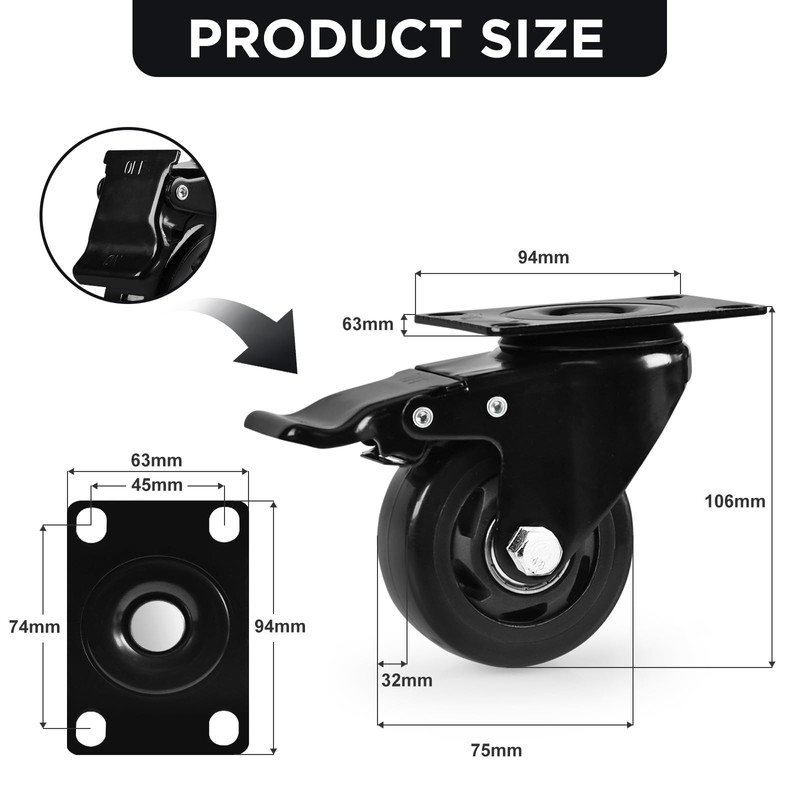 Caster Wheels, Heavy Duty 3 Inch Casters Set of 2,