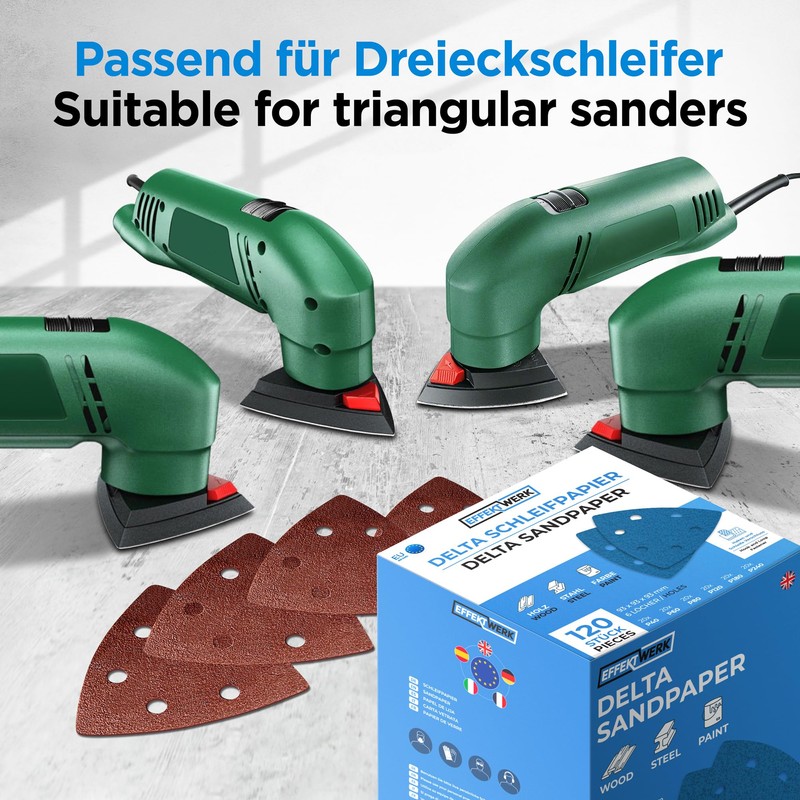 EffektWerk Delta Sandpapers (120 Pack 6 Holes) 93x93x93mm Triangular Sanding