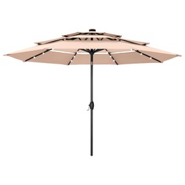 PHI VILLA 10ft Patio Umbrella with Solar Lights, Outdoor 3 Tier Vented Large Market Table Umbrella with 8 Sturdy Ribs and 1.5" Umbrellla Pole for Lawn Poolside Garden Terrace, Beige