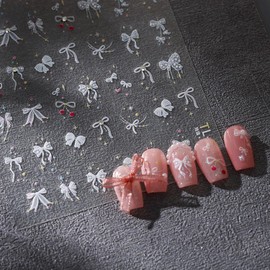 5D Embossed Bow Nail Stickers White Ribbon Bow Knot Nail Decals with Colorful Star Rhinestone Self Adhesive Cute Bow Nail Sticker for Nail Art Kawaii Nail Supplies Charms for Women Girls Manicure