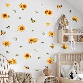 SMAOSTORE Plant Flower Sunflower Butterfly Stylish Flower Stem Green Leaf Living Room Bedroom Room Flower Plant Sticker Background Wall Plant Waterproof Removable Wall Sticker