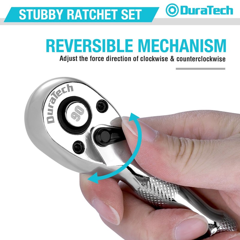 DURATECH 3PCS Stubby Ratchet Wrench Set, 90-Tooth 1/4" 3/8" 1/2"