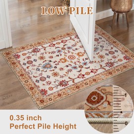 Tangsoo - Alfombra floral pequeña de 2 x 3 pulgadas, lavable para entradas, clásico, antideslizante, color naranja, alfombra de entrada envejecida, alfombra suave de pelo bajo, para entrada, recámara
