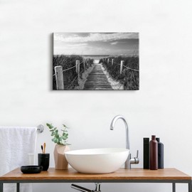 Black and White Coastal Landscape Wall Art Beach Seascape Pictures Bathroom Wall Decor Abstract Grey Trestle Canvas Print Painting Artwork for Modern Living Room Bedroom Home Office Decoration 16x24"