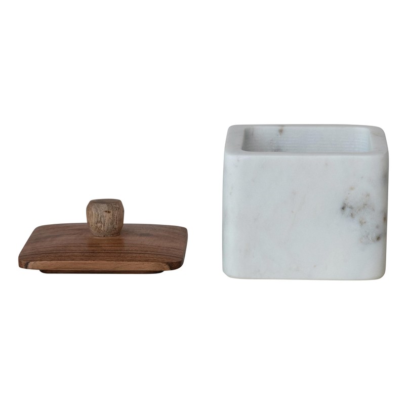 Bloomingville Marble Container with Acacia Wood Lid, White and Natural