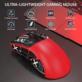 MAMBASNAKE R1 59g Tri-mode lightweight Wireless Gaming Mouse with Anti-slip Stickers, 2.4GHz/Bluetooth/Wired Connectivity, 5 Programmable Buttons,6 Adjustable DPI up to 18000, PAW3311 Sensor-Red