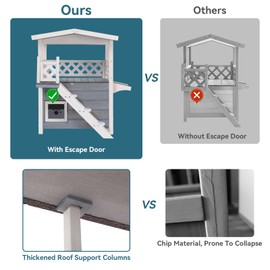 Petsfit Durable Roof Cat Houses for Outdoor Cats Weatherproof with Escape Door, Stair or Scratch Board, 2 Story Design Perfect for Multi Cats, Outside Cat House Gray