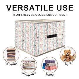 Nogrit Preppy Pink and Blue Storage Bins Box, Toybox for Girls, Coquette Pink Bow Blue Striped Foldable Baskets Organizer Container with Handles for Girls Bedroom Dorm Bathroom Clothes Toys Books