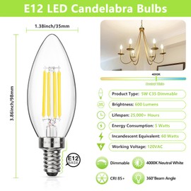 MAXvolador MAXvolador Dimmable E12 LED Candelabra Bulbs 60W Equivalent, Neutral White 4000K, 600LM Chandelier Light Bulb, B11 LED Candle Light Bulbs, 12 Pack