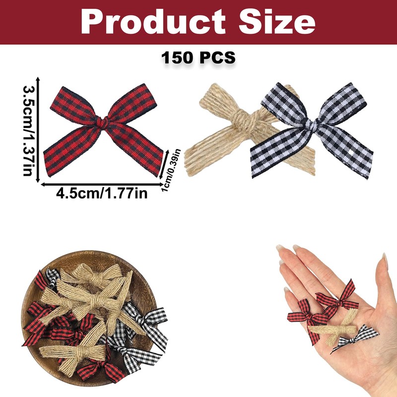 150PCS Mini Buffalo Plaid Burlap Bows, Red Black White Checkered