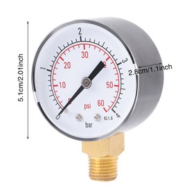 GAESHOW 50mm 1/4" NPT Pressure Gauge for Air Oil Water and Gas(0-60psi 0-4bar), Dual Scale Mechanical Manometer Low Pressure Gauge