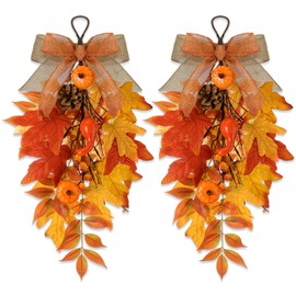 Shihanee 2 Pack Fall Teardrop Swags 20 Inch Autumn Rustic Artificial Swags with Maple Leaves Pumpkin Berries Burlap Bow Teardrop Hanging Decoration for Front Door Fall Decorating