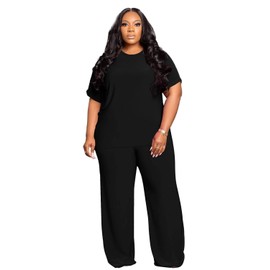Tycorwd Women's Plus Size Two Piece Outfits Sweatsuits Sets Casual Short Sleeve Tops Baggy Wide Leg Pants Tracksuit Sets Black 3XL