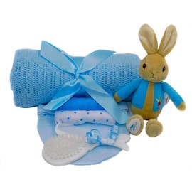 New Baby Boy Gift - Keepsake Box with 5-Piece Layette Clothing Set, Peter Rabbit Plush Rattle and Newborn Gifts