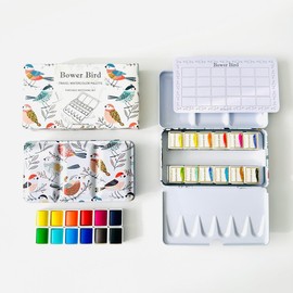 Bower Bird Watercolor Paint Set ，12 Colors Half Pans in Metal Tin Palette，Travel Watercolor Paint Set，Portable Watercolor Paints for Adults & Artist (white Box)