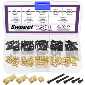 Swpeet 230Pcs Assorted M2 12.9 Alloy Steel Hex Socket Screws and Brass Threaded Inserts Assortment Kit, Black Zinc Plated Hex Socket Screws Machine Bolts, Brass Knurled Nuts