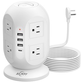 Surge Protector Power Strip Tower with 8 Outlets 4 USB Ports(1 USB C), AiJoy 10 FT Flat Plug Long Extension Cord with Multiple Outlets for Office Supplies, Dorm Essentials, White