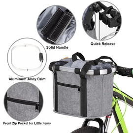 ENASGLOO Detachable Bike Basket, Dog Cat Bicycle Handlebar Front Bag Pet Carrier with 5 FT Dog Leash for Cycling, Shopping, Picnic, and Outdoor (Gray)