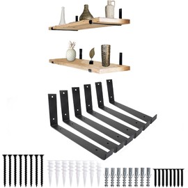 Shelf Brackets 6 Pack Heavy Duty Floating 12.0" L x 6.0" H x 1.5" W (Fits: 11.25" Board ) Black Metal Shelves Wall Mounted Rustic Iron J Shelf Brackets with Lip for DIY Open Shelving Brackets