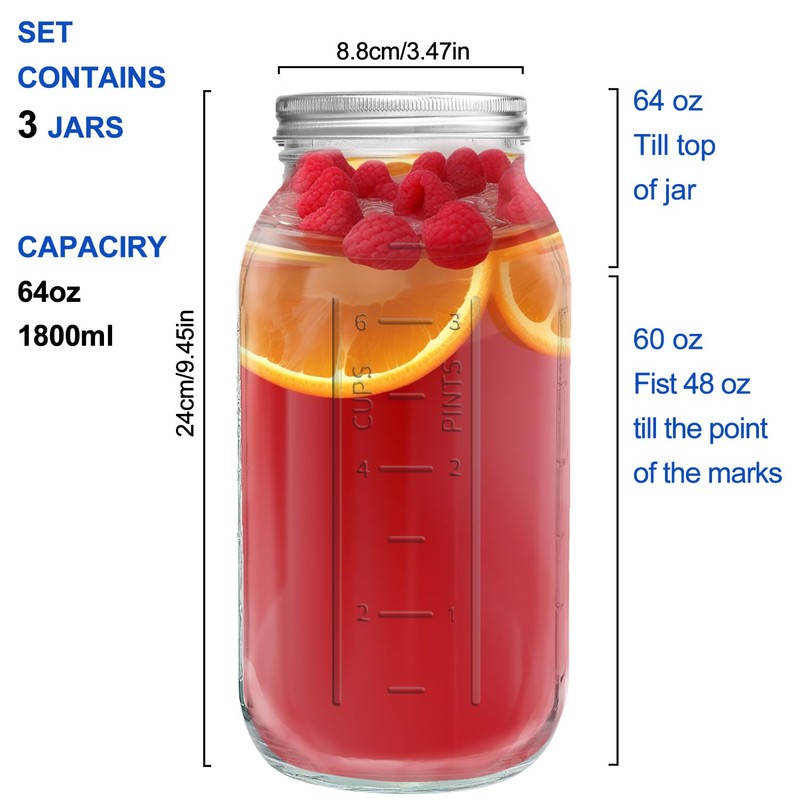 eleganttime 64 oz Mason Jar Wide Mouth 3 Pack,Large Half