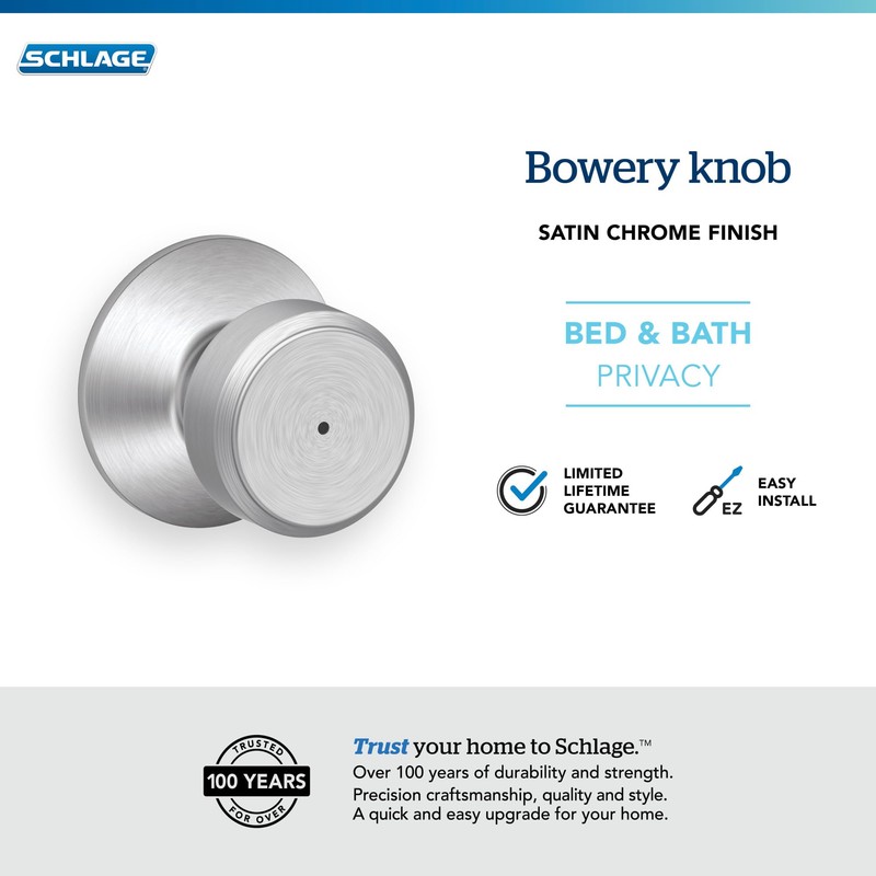SCHLAGE F40 BWE 626 Bowery Privacy Lock Knob, Satin Chrome