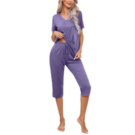 difficort Womens Pajama Sets Short Sleeve Pjs Soft Lounge sets Capri Sleepwear with Pockets,2-Purple,Large