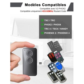Wvoillty 433.92 MHz Garage Door Remote Control, Garage Door Opener, Handheld Transmitter, 2 Channels, Compatible with V2 PHOX2, V2 PHOX4, V2 TRC4, V2 TSC4, V2 Phoenix 2, V2 Phoenix 4, Rolling Code