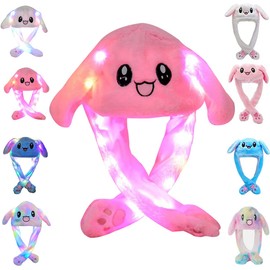 umbresen Bunny Hat Ear Moving Jumping Rabbit Hat Funny Cute Plush Animal Cap with Paws for Kids Women Girl Party Christmas Holiday Birthday Dress up Cosplay Costume Gift (LED Pink)