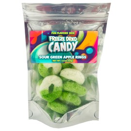 Freeze Dried Candy, Freeze Dried Sour Green Apple Gummy Rings, Unique, Exotic Crunch Snack Treats, Party Favor Gift Idea 2.2 oz