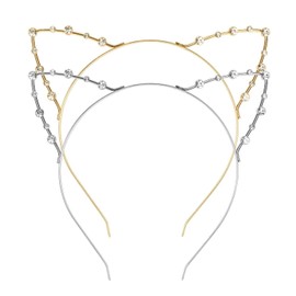 Crystal Rhinestone Metal Cat Ear Headband Hair Bands, 2 Pieces, Gold and Silver