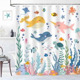 BIYSUC Kids Ocean Shower Curtain Cartoon Sea Turtle Whale Dolphin Fish Corals Underwater World for Boys Girls Bathroom Decor Waterproof Polyester Fabric 72Lx72W Inch with 12PCS Plastic Hooks