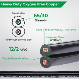 YOTIGER 12 Gauge Low Voltage Landscape Wire 100FT, 12/2 Low Voltage Landscape Lighting Wire, 12AWG 2 Conductors Copper Wire Direct Burial Electrical Wire for Accent, Path, Spot Lights, UL Listed