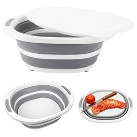 BBQ Prep Tub with Lid, Collapsible Wash Basin 7.5L Dish Tub Sink Basin, 2-in-1 Cutting Board Foldable Dish Pans for Kitchen Sink Camping Picnic Fruits Washing Smoker RV Accessories Kitchen Gadgets