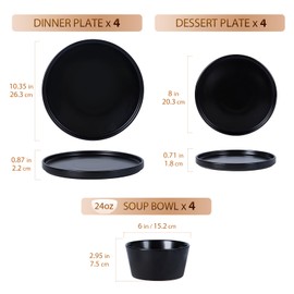 Dinnerware Sets for 4 - CJDC-QUELO 12-Piece Stoneware Plates and Bowls Sets, Ceramic Dishware Sets for Kitchen Use and Formal Dining, Chip and Scratch Resistant Microwave Dishwasher Safe, Black