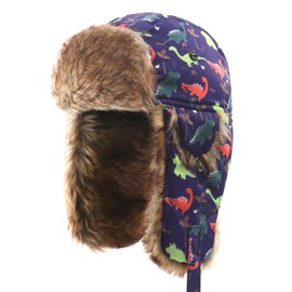 FUOITA Sombrero de trampero para niños pequeños, ajustable, Ushanka, impermeable, sombrero de aviador de invierno para niños 1T-8T, dinosaurio azul marino, 3-5 Años
