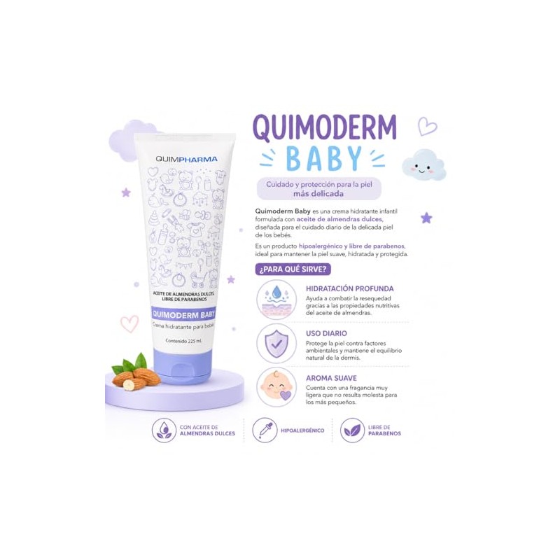 Quimoderm Baby Aceite de Almendras Dulces Crema Hidratante, 225 mL