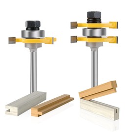 Yueqing Zhongji Tongue and Groove Router Bit Set of 2 Pieces 1/4 Inch Shank 3 Teeth Adjustable T Shape Wood Milling Cutter 1/2Inch Cutting Depth 3/4Inch Stock Woodworking Tools