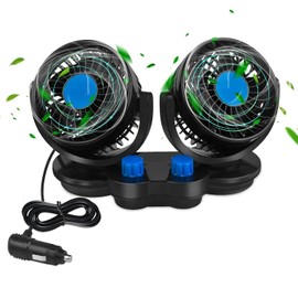 Itian 360 Rotating Double Mini Electric Car Fan, Electric Car Clip Fans for Vehicles, SUV, RV, Boat (Car Fan), Adjustable Dual Head Clip Fan with Two Adhessive Stickers and Two Speeds
