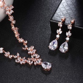 Shuxin Women’s Wedding Jewellery Set, Necklace, Earrings & Bracelet Sets, White Gold/Rose Gold-Plated Flower Jewellery Set with 5A White Cubic Zirconia, Non-Allergenic, for Bridesmaids, Cubic Zirconia