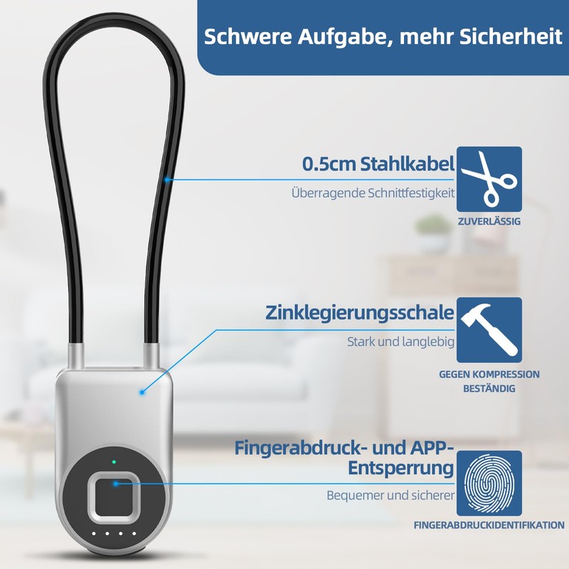 Anweller Fingerprint Cable Lock, Padlock with 38 cm Steel Cable,