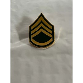 US ARMY STAFF SERGEANT E-6 BRASS ON OD GREEN BACKGROUND HAT PIN MEASURES 1 INCH
