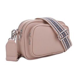 SG SUGU Small Crossbody Purse for Women Trendy Triple Zip Camera Bags with Adjustable Webbing Strap_Nude