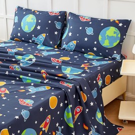 WINLIFE Galaxy Bed Sheet Set Twin for Kids Boys,3 Piece Microfiber Bed Sheets, Navy Blue Rocket Spaceship Stars Print Sheets, Soft & Breathable Sheet Set Kids Twin Bed Set Deep Pocket